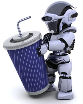 3D render of robot with a giant soda cup and straw