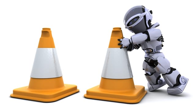 3D render of robot with traffic cones