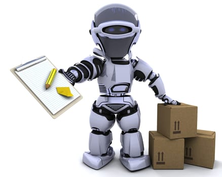 3D render of a robot with clipboard and boxes