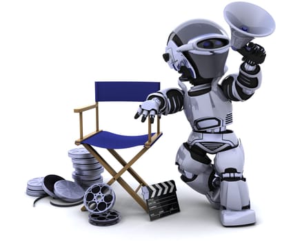 3D render of a robot with megaphone and directors chair