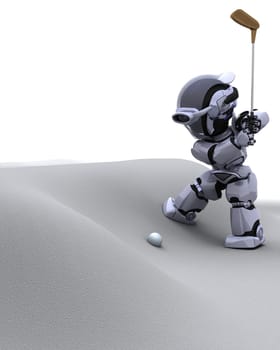 3D render of robot with club playing golf