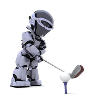 3D render of robot with club playing golf