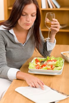 Healthy lunch at home attractive woman read magazine drink wine