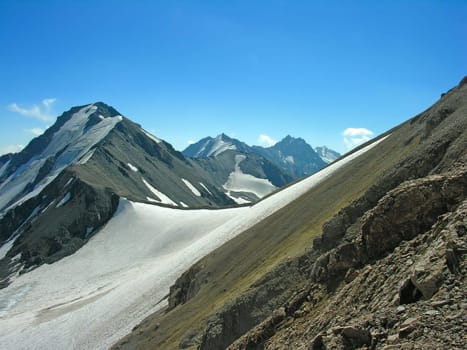 The mountain tops covered with a snow
