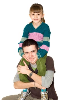 The sister sits on the  brother neck