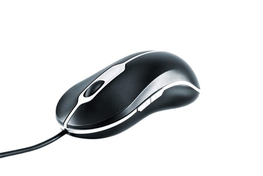 The black computer mouse is photographed on a white background