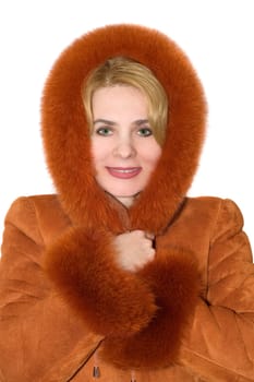 The young woman in a red sheepskin coat