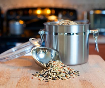 Image of an open jar with wild rice in the kitchen