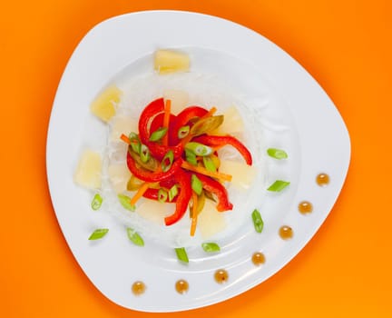 Top view of a dish of glass noodles and vegetables