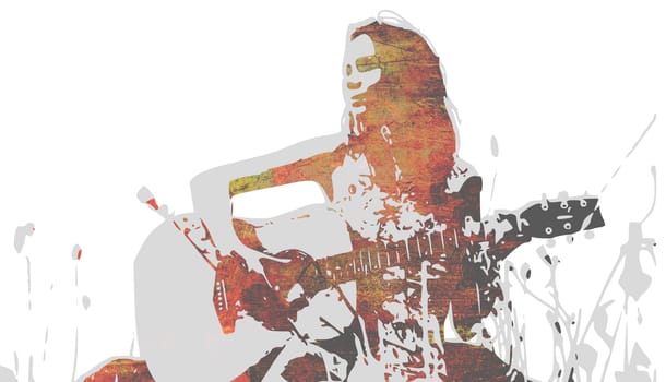 Young woman with guitar in meadow - illustration