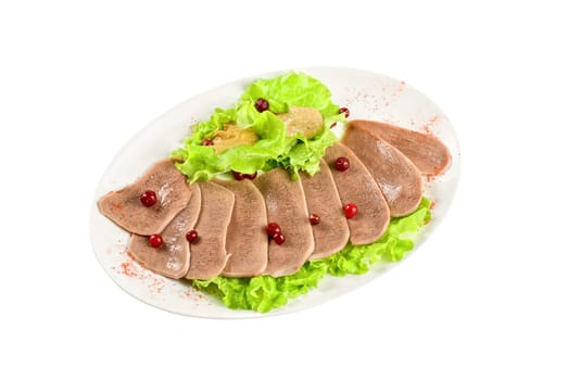 Beef tongue with cranberry isolated on a white background