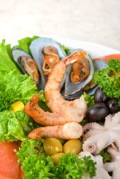 appetizer closeup of different seafood and vegetables