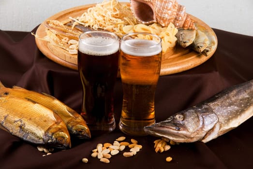 Beer and snacks set: chips, pistachio, shrimp and fish