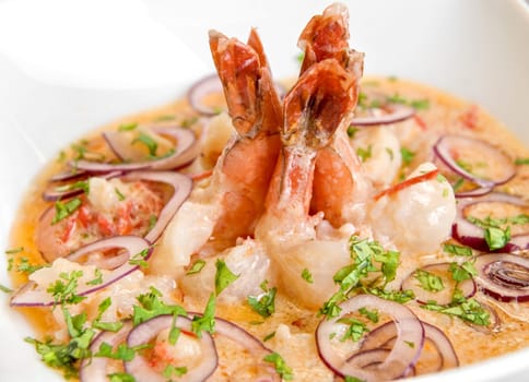 King shrimps with vegetables at cream sauce