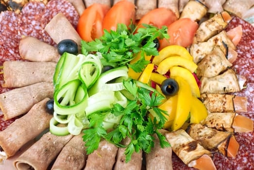 meat cuts with vegetables on a white background