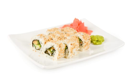 Sushi rolls at plate isolated on a white