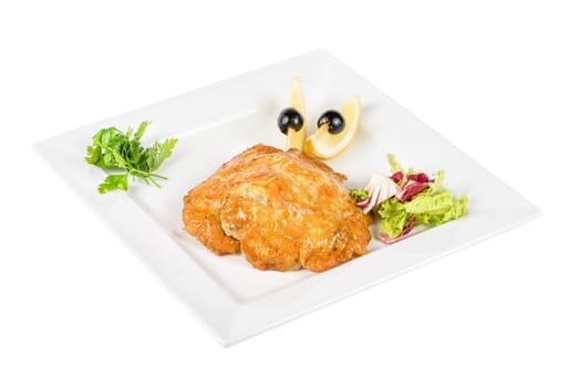 Roasted pork steak baked with cheese on white