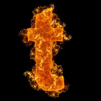 Fire small letter T on a black background