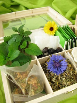 Variety of teas with loose tea,tea bags and fresh tea herbs