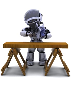 3D render of robot with power saw cutting wood