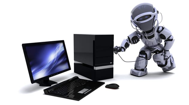 3D render of robot with computer and stethoscope