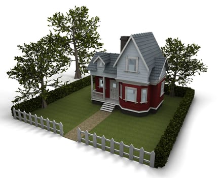 3D render of a traditional timber house with garden
