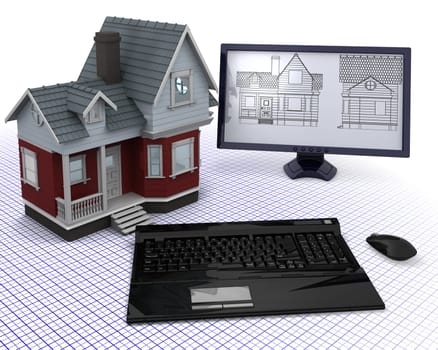 3D render of a Classic Timber House with computer and blueprints