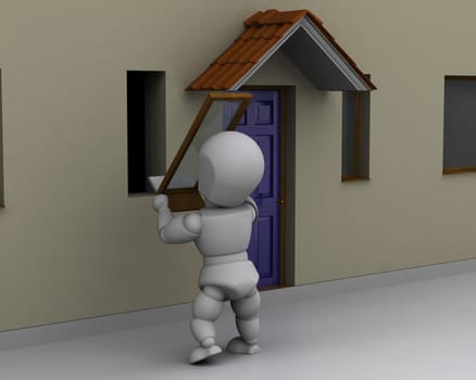 3D render of man fitting window to house