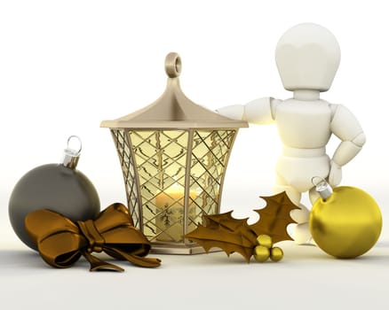 3D render of a man leaning on Christmas Lantern