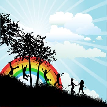 Silhouettes of children running up a grassy hill on a sunny day