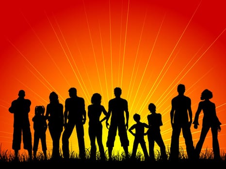 Silhouette of a large crowd of people against a sunset sky