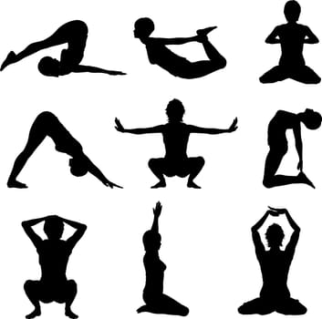 Silhouettes of females in various yoga poses