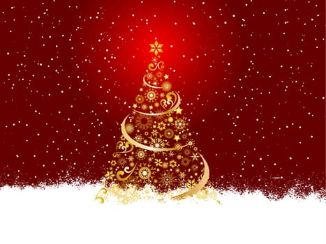 Golden Christmas tree on snowflake background