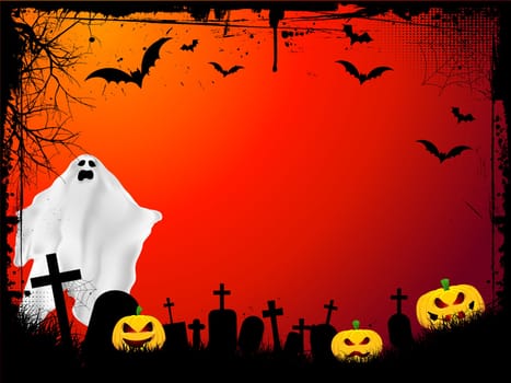Grunge Halloween background with evil pumpkins and scary ghost