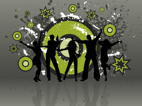 Silhouettes of people dancing on a grunge background