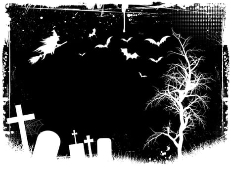 Grunge Halloween background with graveyard, bats and a flying witch