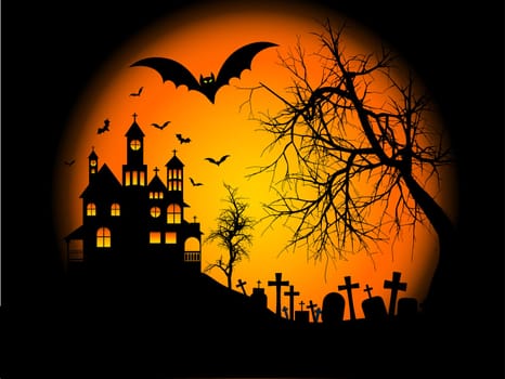 Spooky Halloween background with haunted house on a hill