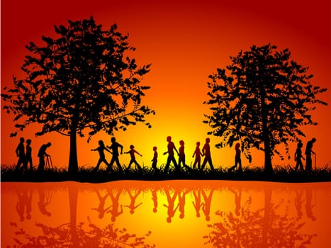 Silhouettes of people walking in the countryside