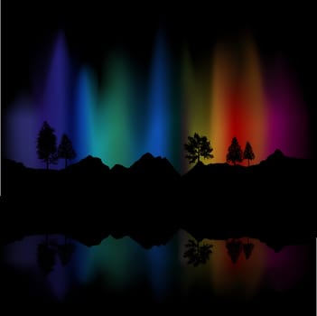 Background of northern lights in the sky reflected in lake