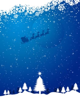 Winter landscape with santa flying in the sky