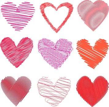 Various different styles of scribbled hearts on white background