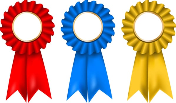 A collection of red, blue and gold rosettes