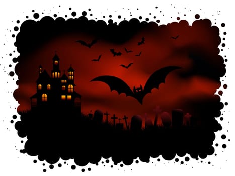 Spooky Halloween background with haunted house and bats