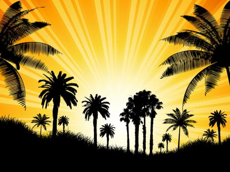 Tropical background with palm trees against a sunny sky