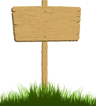 Wooden sign in grass with a white background