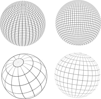 Various designs of wireframe globes