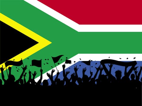 Silhouette of a football crowd on a South African flag background