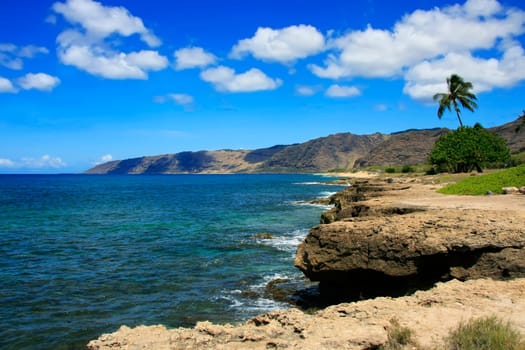Stony coast on the Pacific Ocean in sun and light clouds