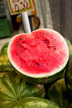 Close-up of fresh watermelon on a fruit stall in Greece