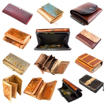 Different opened and closed wallets isolated over the white background. 2 Opened wallets with russian coins.